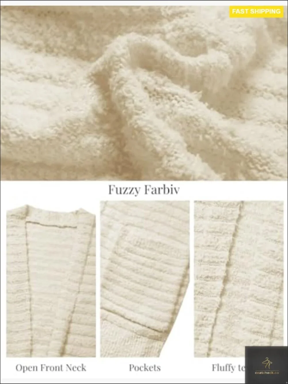 Women Open Front Fuzzy Knit Cardigan with Pockets Long Sleeve Chunky Sweater